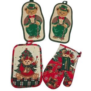 Vintage Christmas Teddy Bear Oven Mitt Pot Holder Holiday Kitchen Decor 4 Piece